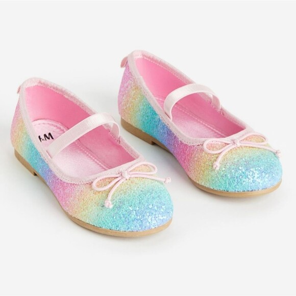 H&M Little Girls Rainbow Glitter Mary Jane Flats Shoes Size 13.5 NEW with Tags - Picture 1 of 4